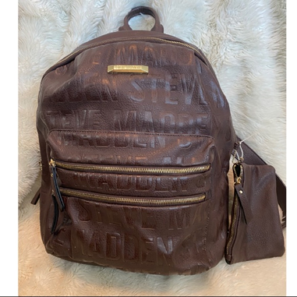 Steve Madden Faux Leather Signature pattern Brown LG Backpack & Wallet bag